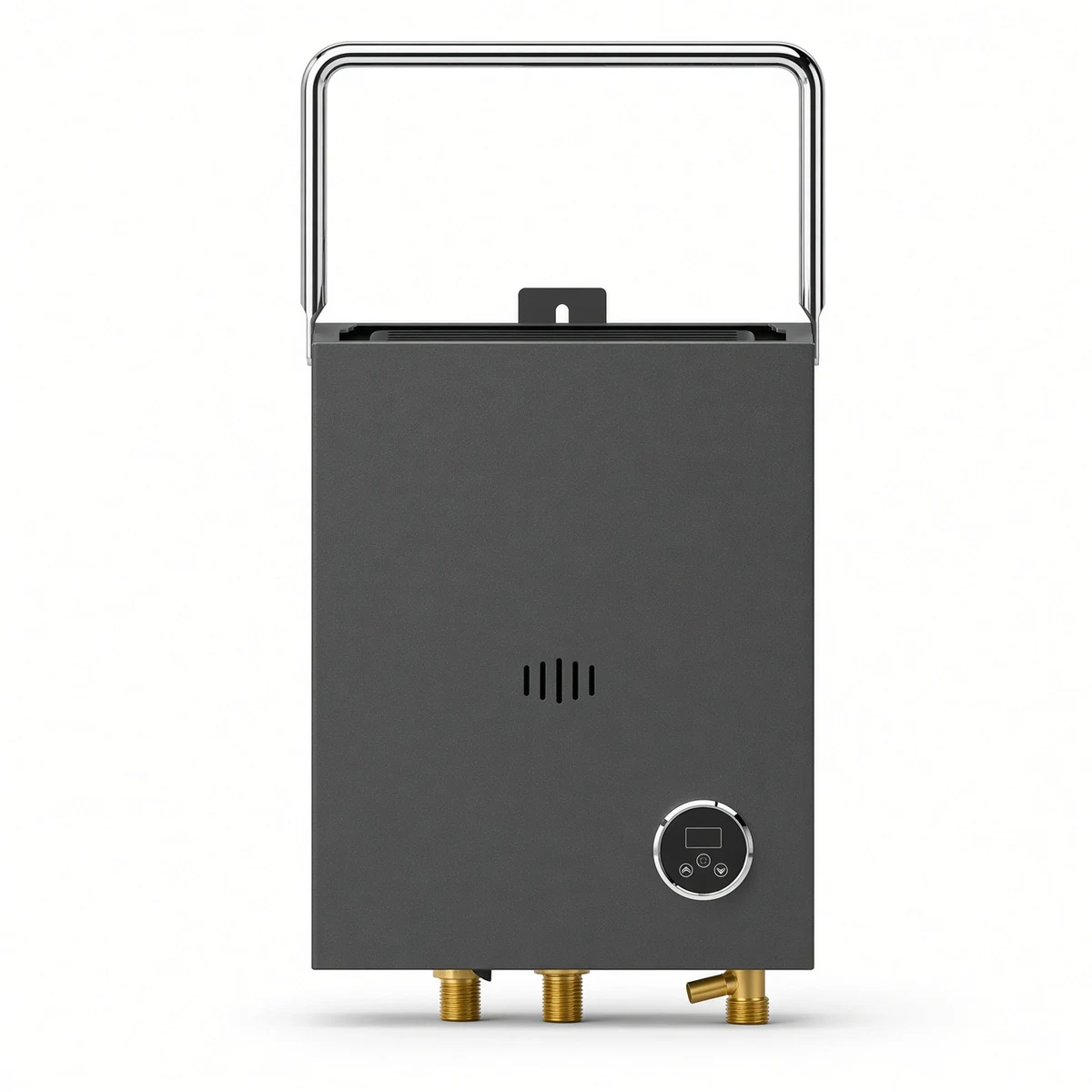 Gulfstone 4L constant temperature portable water heater, front elevation — dark metal case with a chrome carrying handle, dial display and brass connections