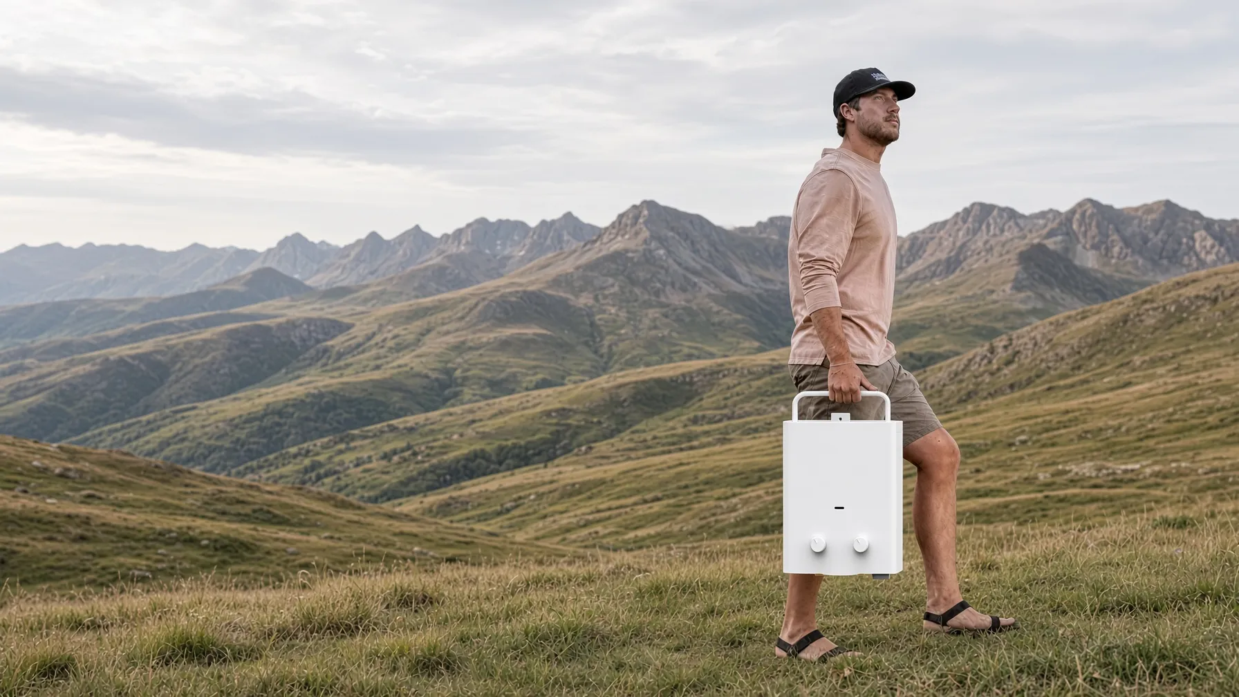 An outdoor wash point heated by a 5L portable gas water heater, the off-grid use the model is built for