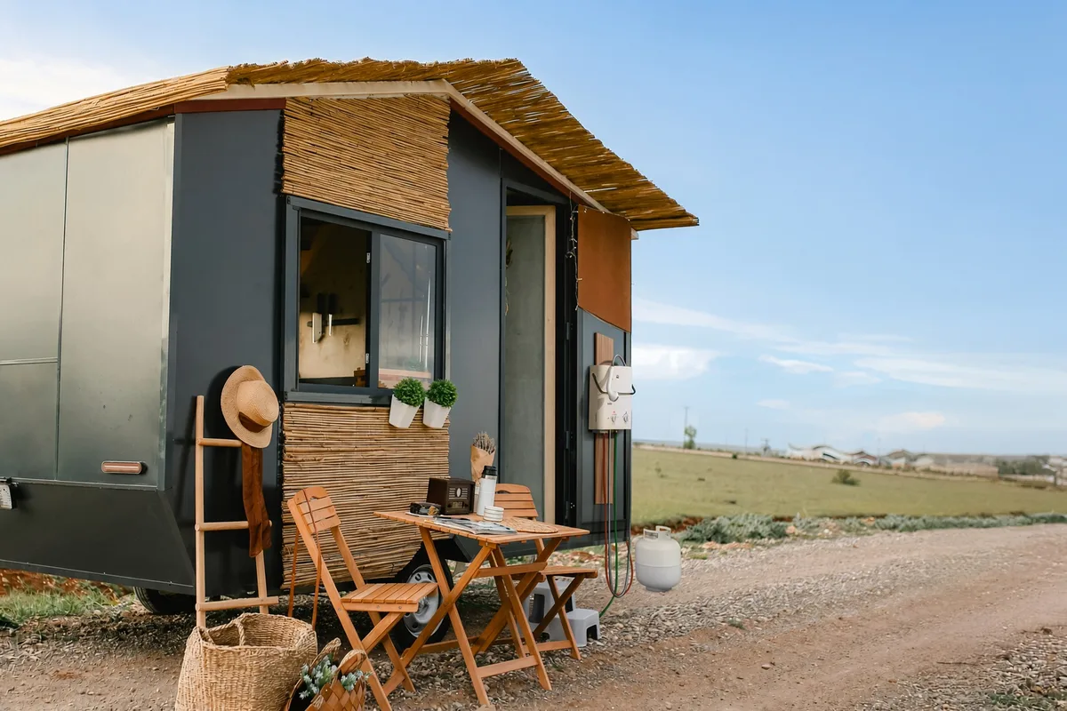 The 5L water heater fixed to the outside of a tiny house with its propane bottle, the outdoor wash point it is installed for
