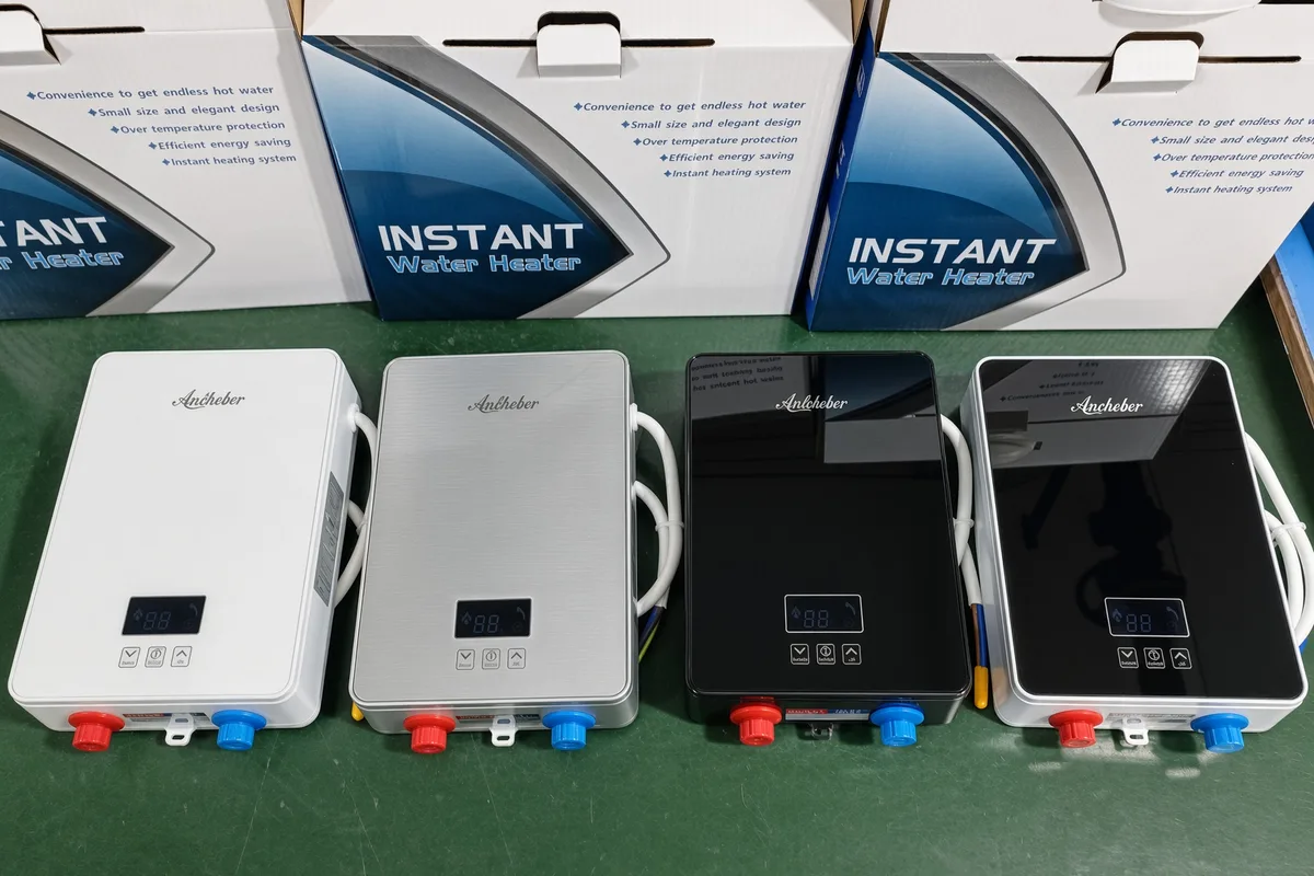 A run of private-label water heaters boxed and ready for retail, produced on the same line