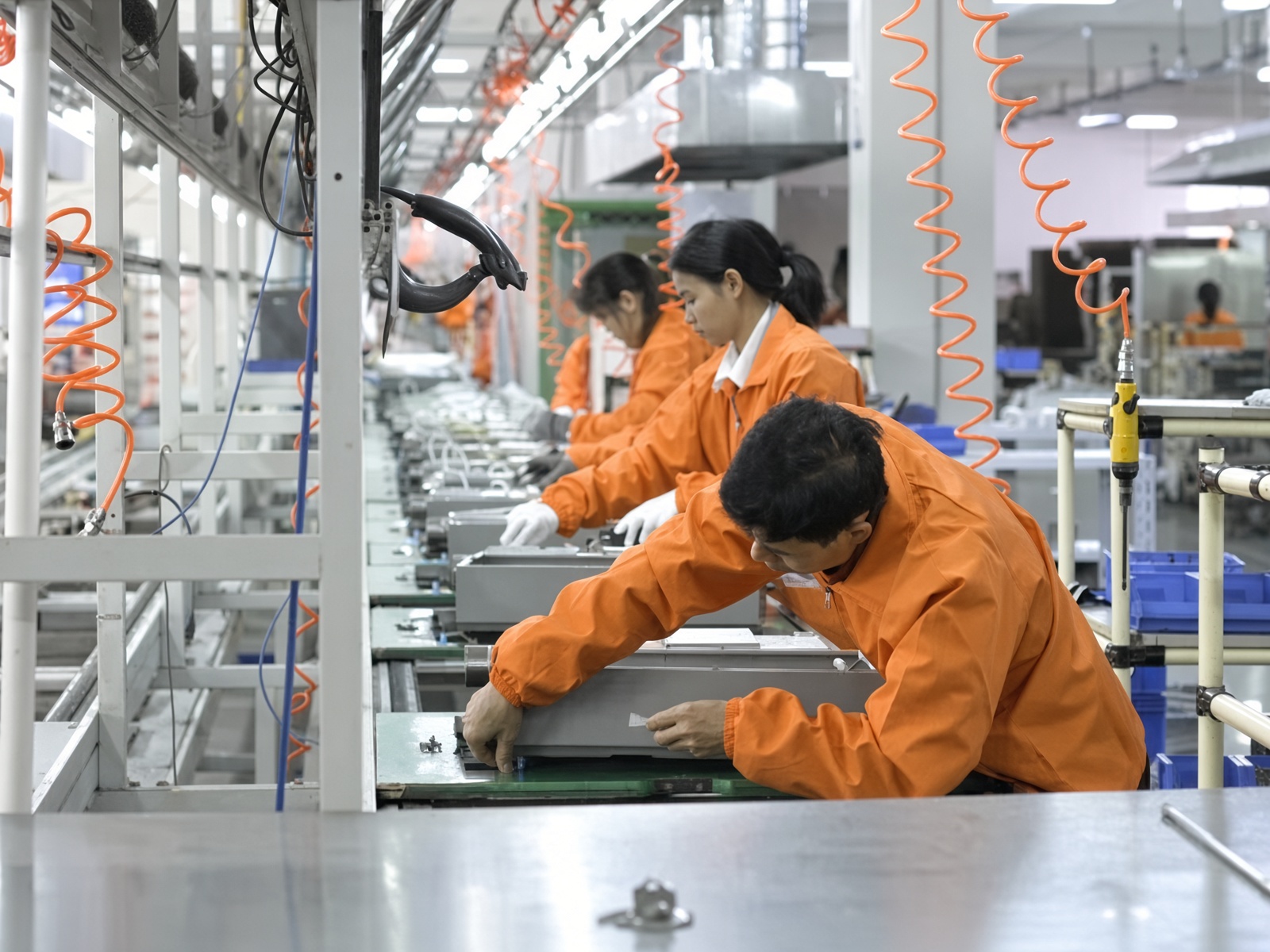 Operators in orange workwear assembling heater components along a Gulfstone production line