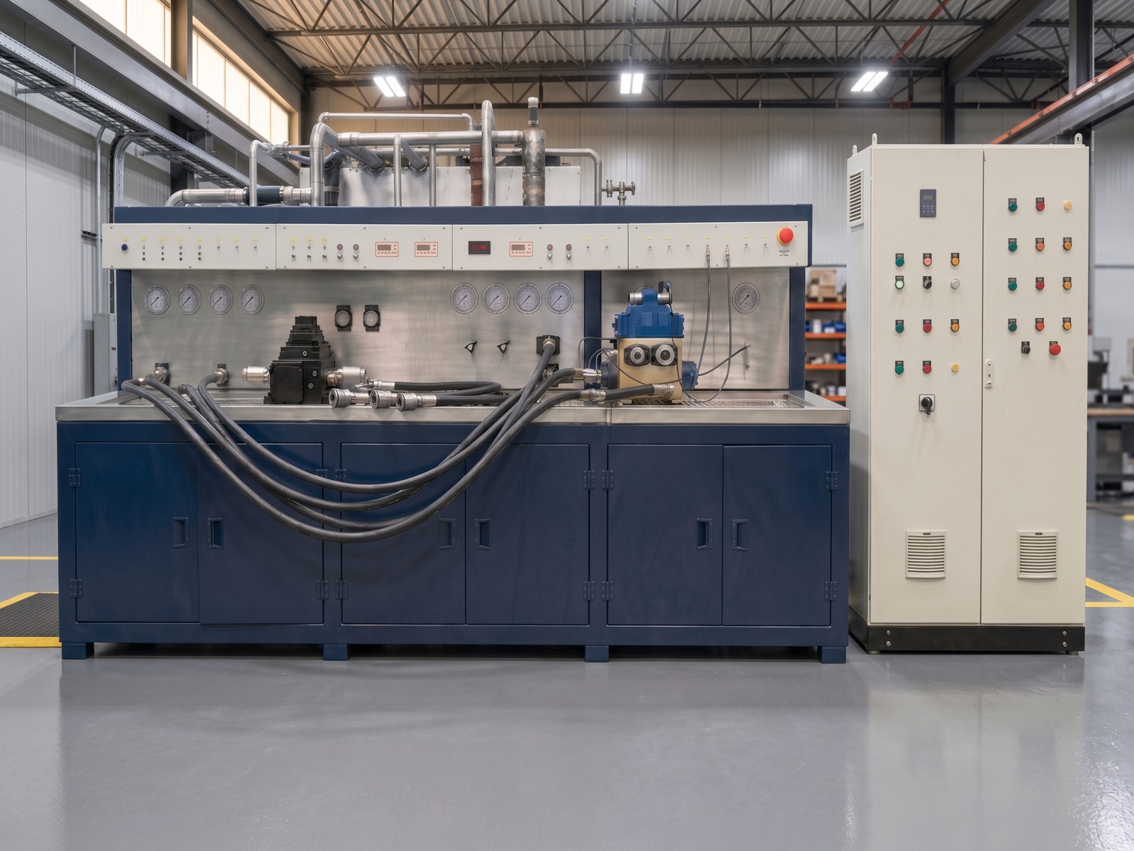 Gas and pressure test rig with a bank of gauges, regulators and hoses beside its control cabinet in the Gulfstone test bay