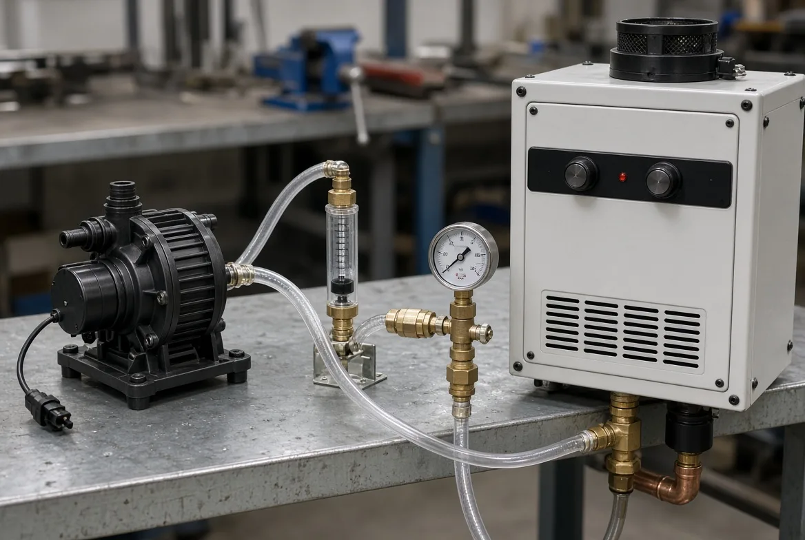 A 12V diaphragm pump, an inline flow meter and a pressure gauge plumbed into the inlet of a white tankless heater on a workshop bench, the pairing rig Gulfstone uses to measure delivered flow