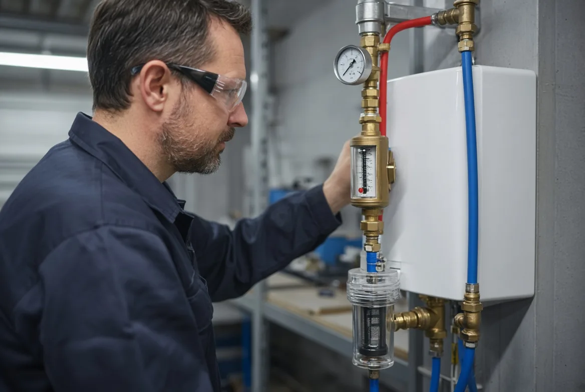 A technician in safety glasses reading an inline flow meter and a pressure gauge on the piping at a tankless heater inlet