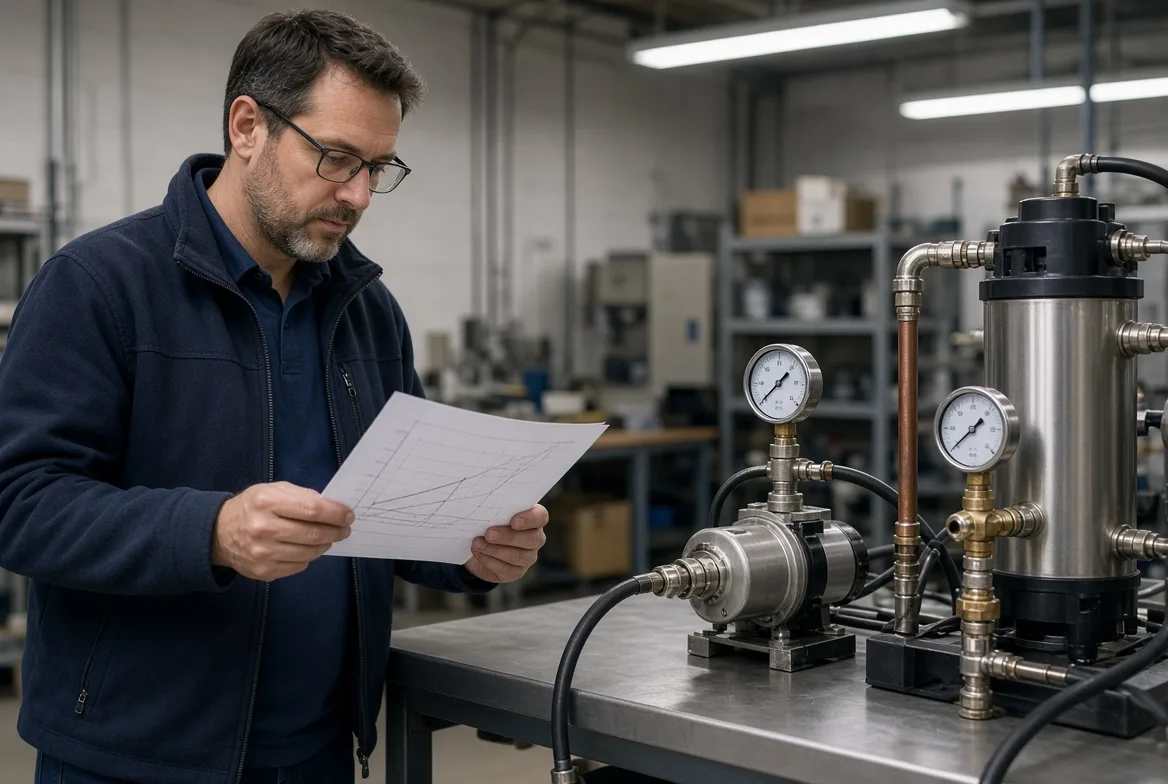 An engineer holding a printed pump performance curve beside a pump rig carrying two pressure gauges