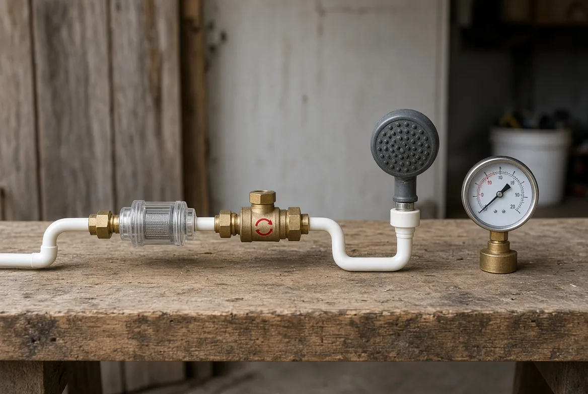 A bench layout of white PEX tubing, a clear strainer, a brass valve, a shower head and a pressure gauge laid out to measure line loss