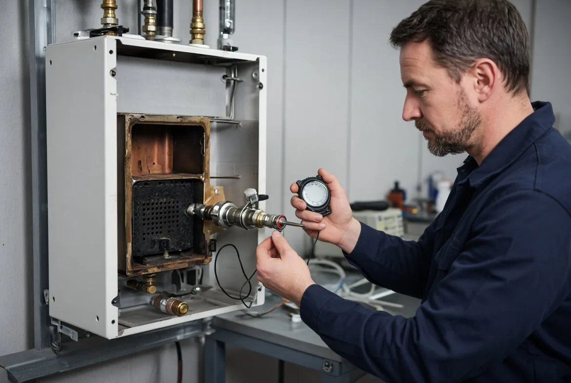 A technician holding a stopwatch and temperature probe against an opened tankless heater, timing the purge and re-ignition cycle