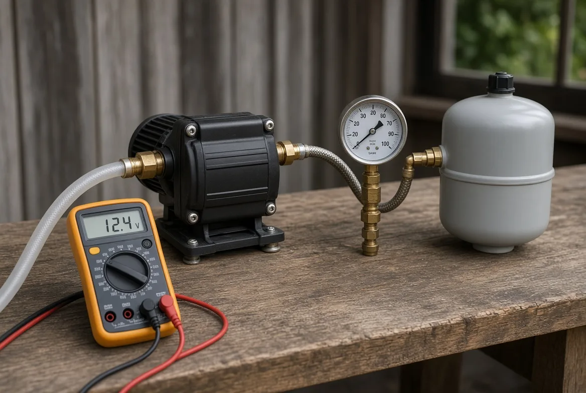 A 12V pump, a pressure gauge and a grey accumulator tank on a bench beside a multimeter reading 12.4 volts