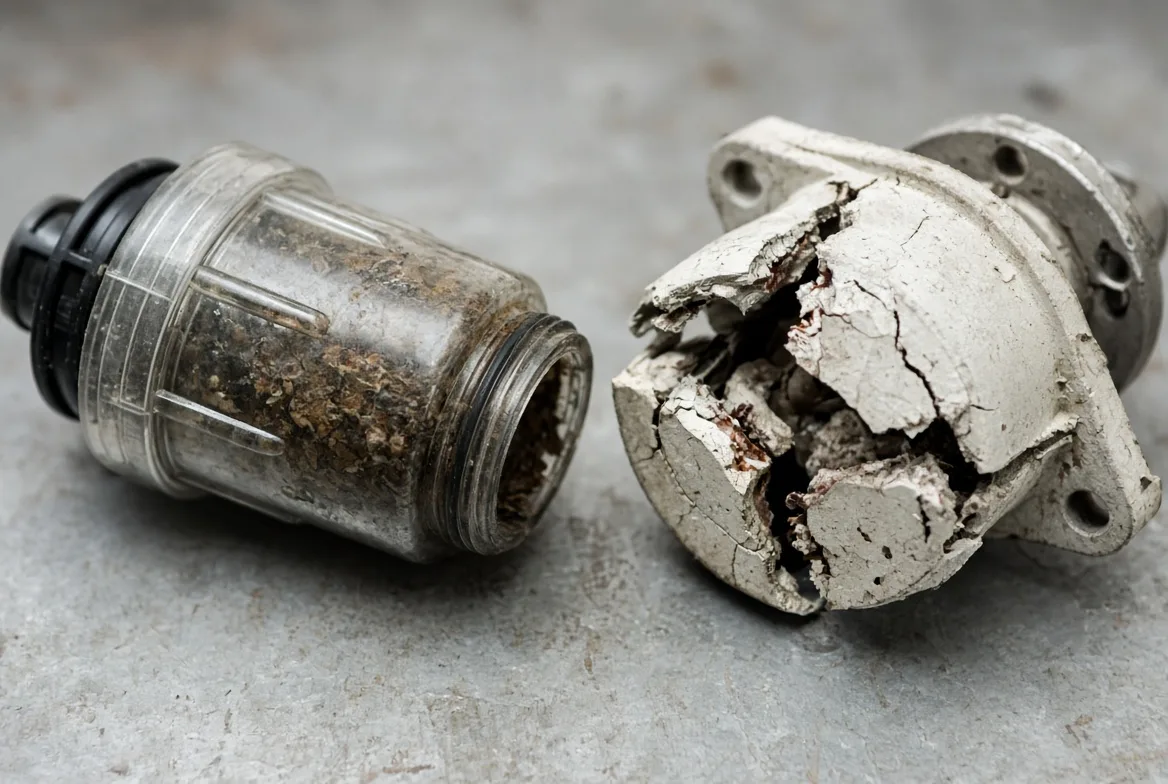 A clogged pump strainer beside a pump housing split open by freeze damage, the two failure modes behind silent flow loss