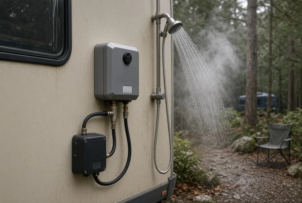 A tankless heater and 12V pump mounted on the outside of an RV feeding a shower head at a forest camp