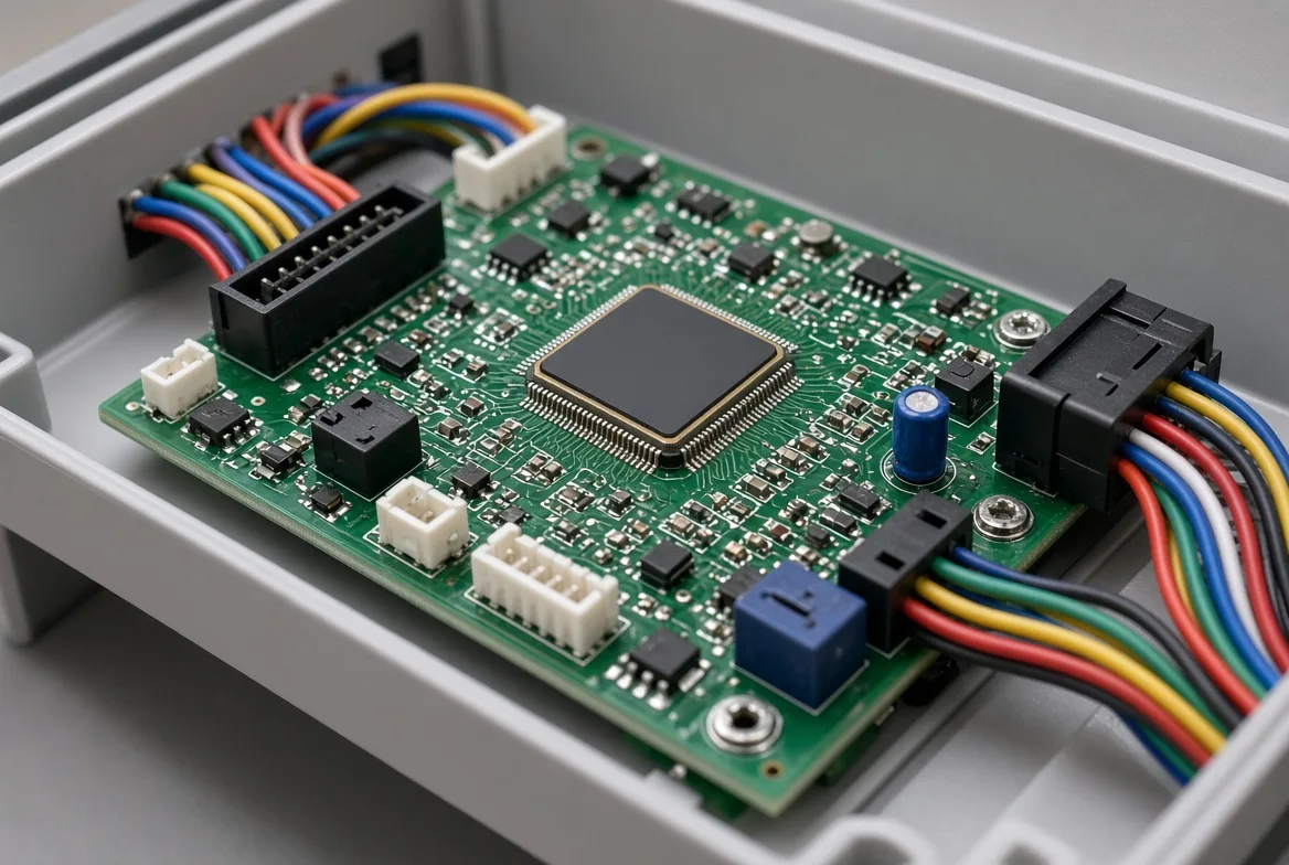 A 12V RV appliance controller board with a CAN communication harness and diagnostic connector during bench testing