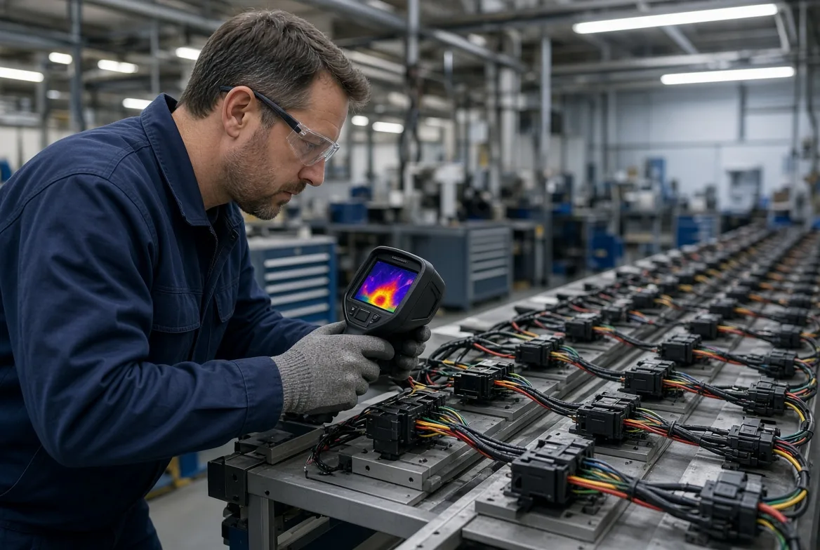 A production technician crimping a heavy-gauge DC harness connector and logging a voltage-drop reading on the assembly line