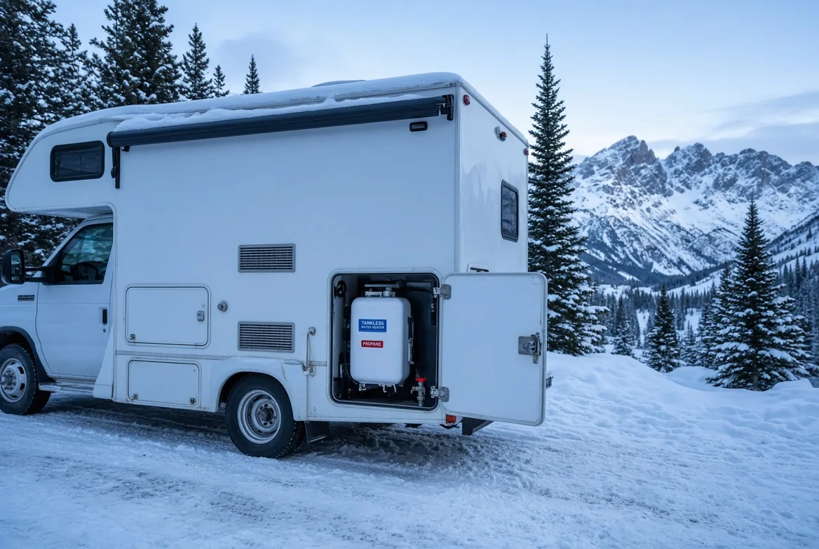 An extreme-conditions RV water heater mounted in a vehicle bay during sub-zero environmental chamber testing