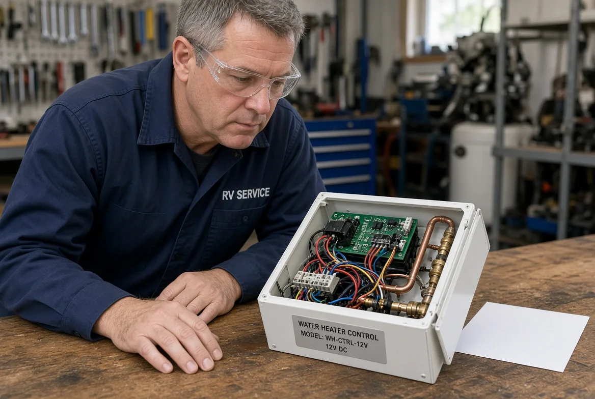 An RV service technician inspecting the control box and copper plumbing of an extreme-conditions water heater on a workbench