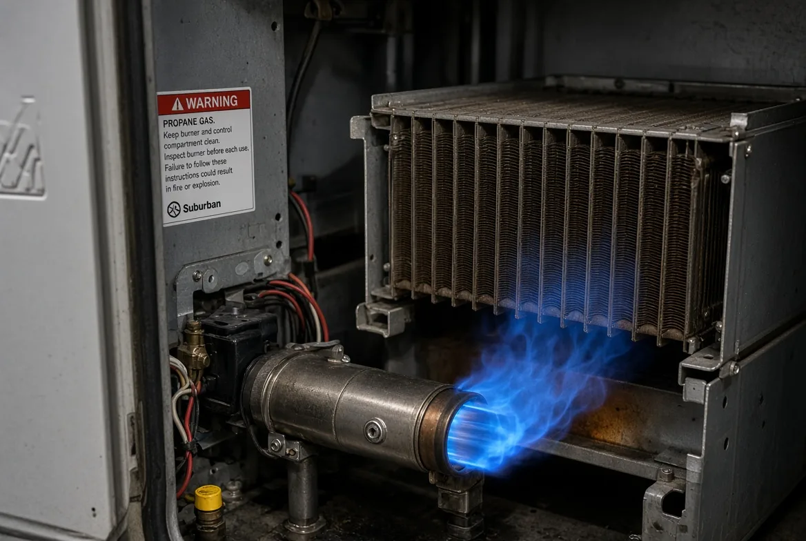 A technician running a combustion stability check on a propane RV water heater at simulated altitude