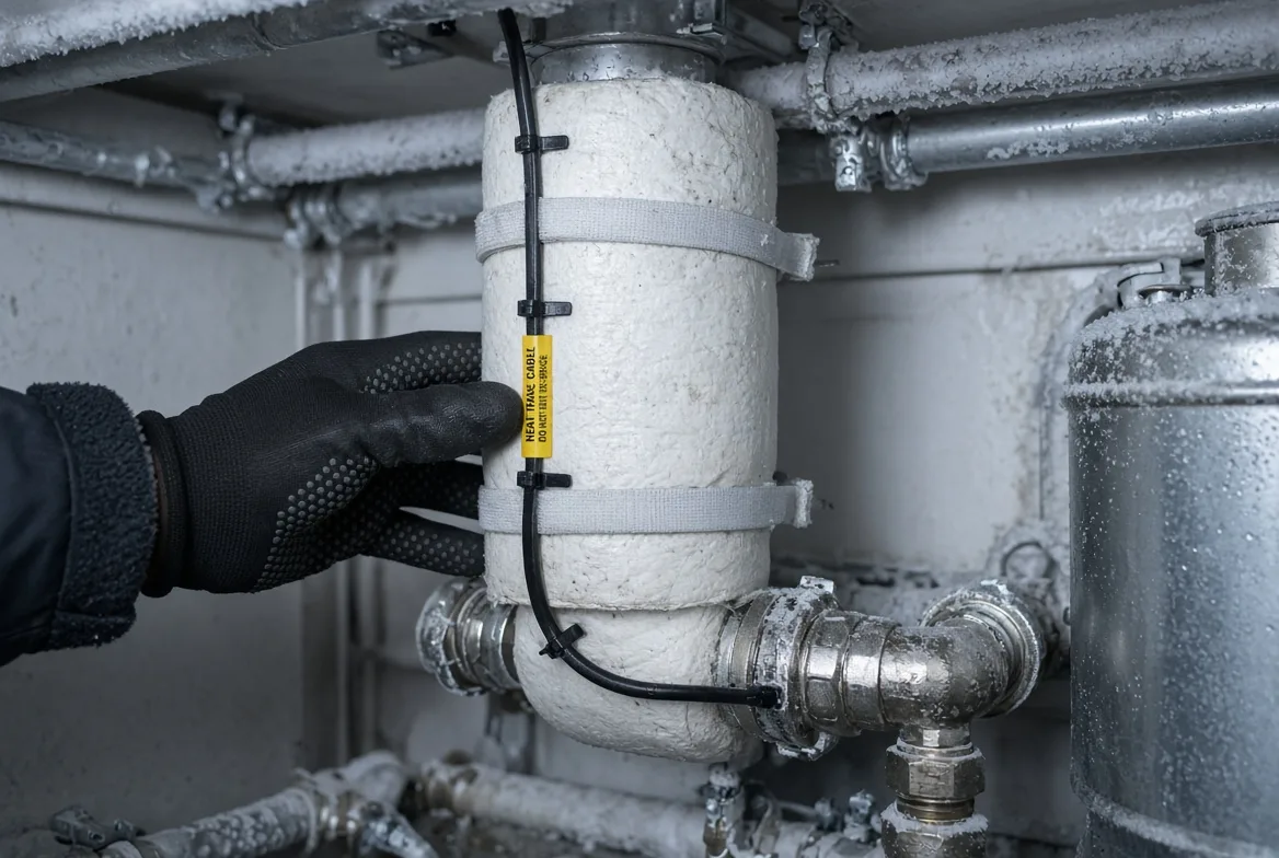 A live-use freeze protection system on an RV water heater: heat tracing, insulated fittings and a protected solenoid drain