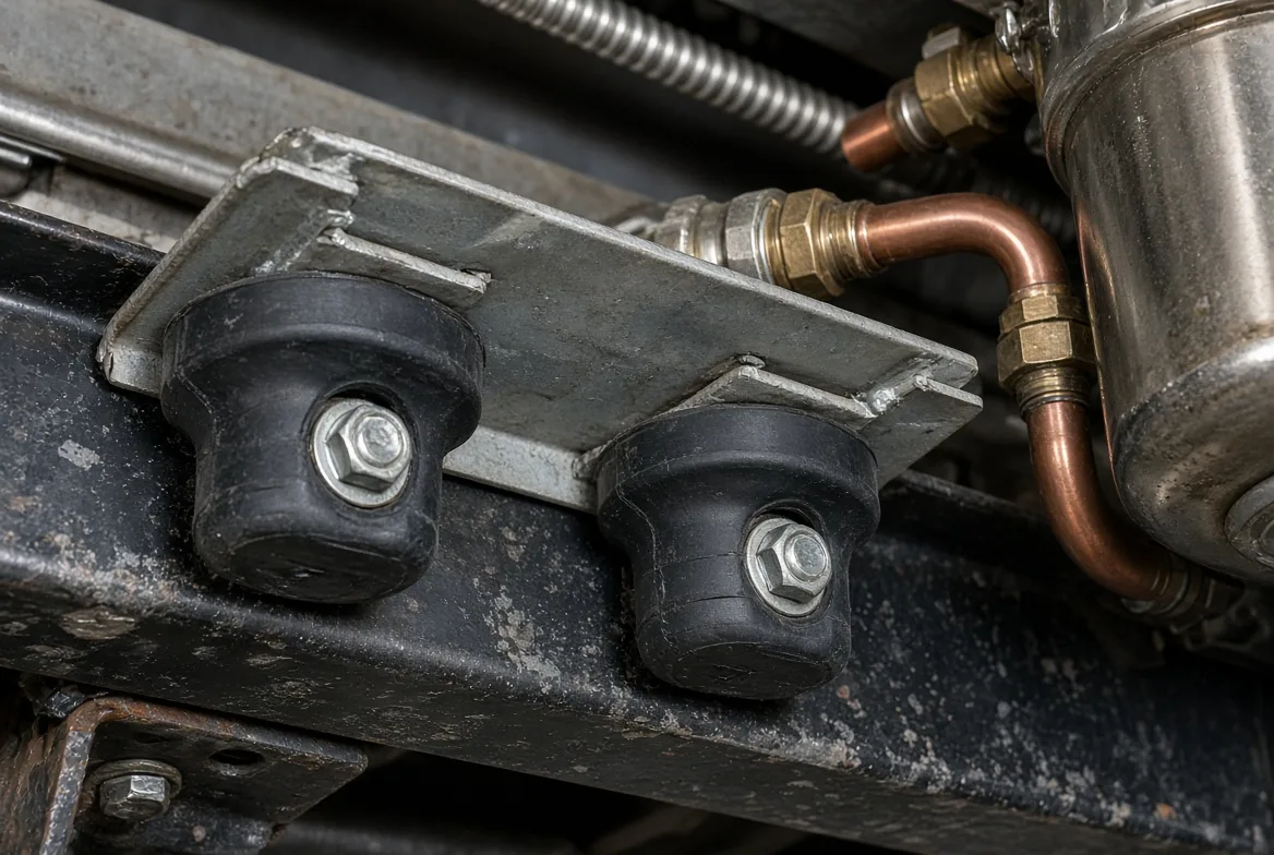 An isolated mounting frame, rubber isolators and chafe-protected PEX routing on a hardened RV water heater install