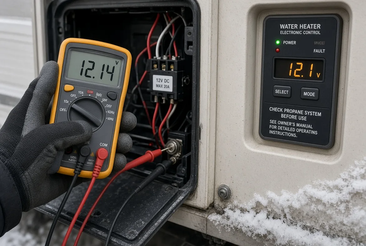 A field technician diagnosing an extreme-condition RV water heater fault at the control board and heat-trace circuit