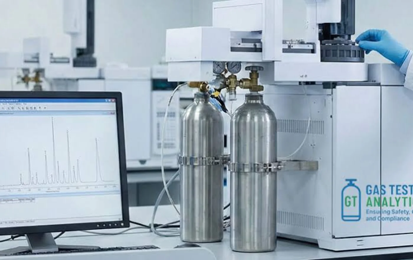 Gas laboratory bench with a combustion analyser, calibration gas cylinders and a chromatogram on screen