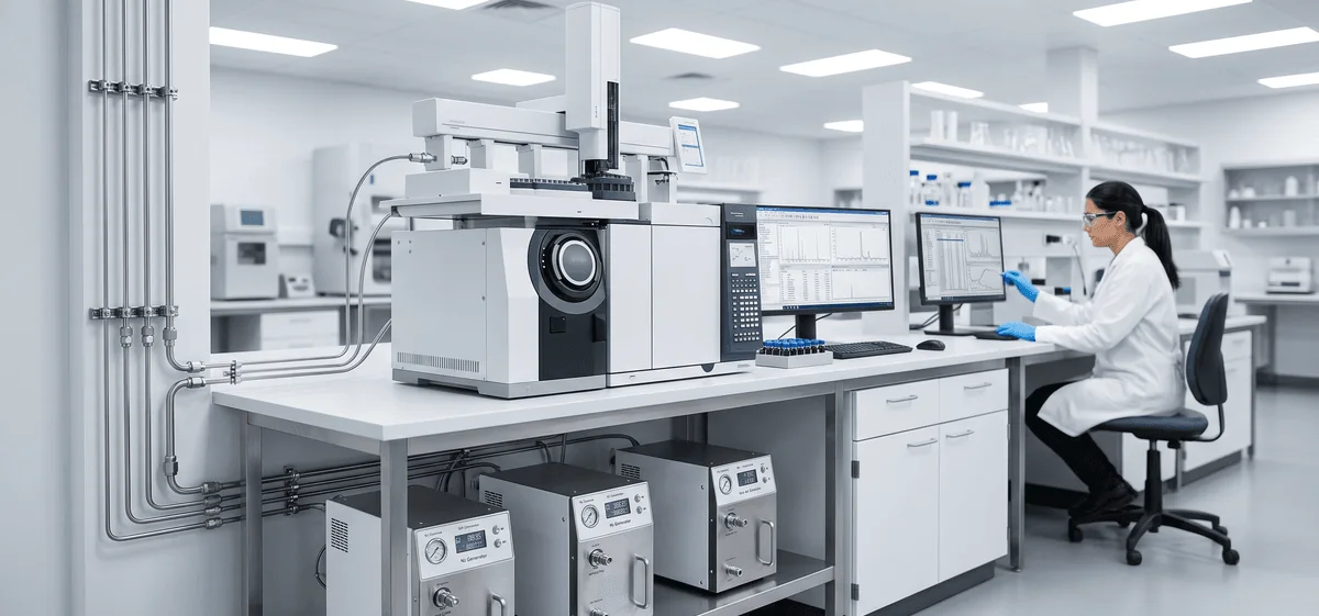 Gas chromatography and mass spectrometry instruments on a laboratory bench in a testing facility