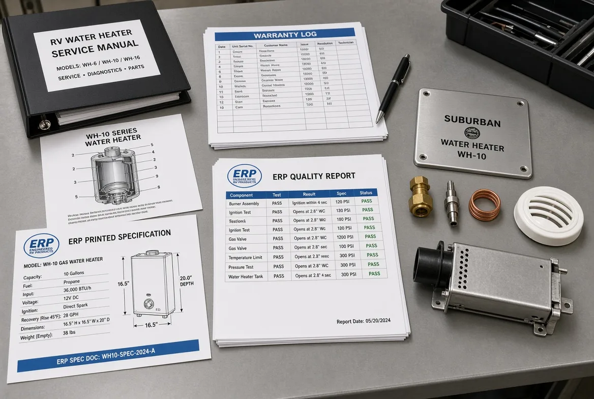 An RV water heater service manual, warranty log, ERP quality report and replacement gas-train components laid out on a technician's bench