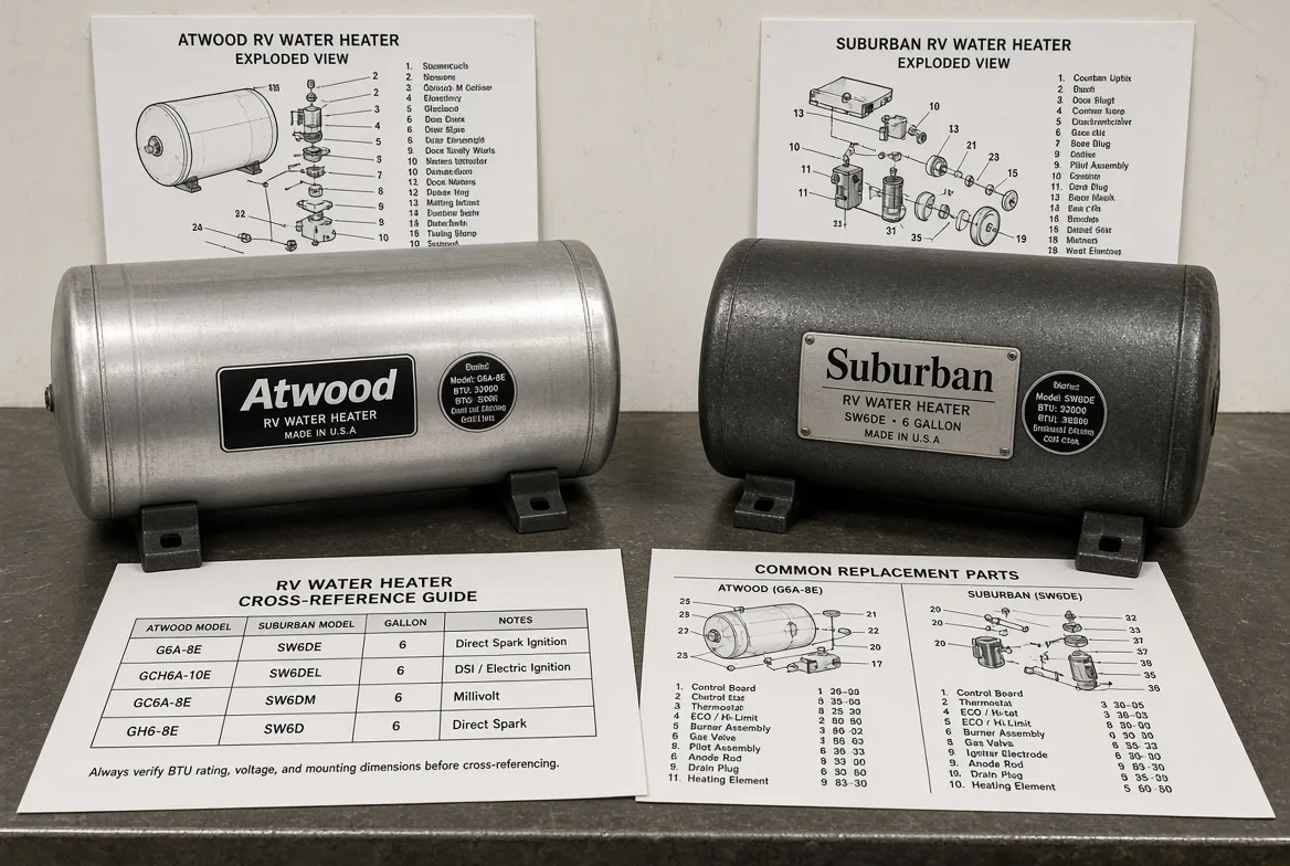 An Atwood and a Suburban RV water heater beside their exploded-view diagrams and a cross-reference table of shared replacement parts
