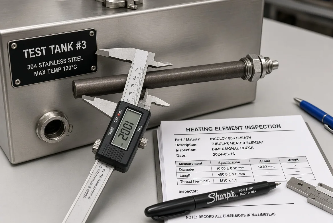 A digital caliper measuring the threaded terminal of an Incoloy 800 heating element against an incoming-inspection specification sheet