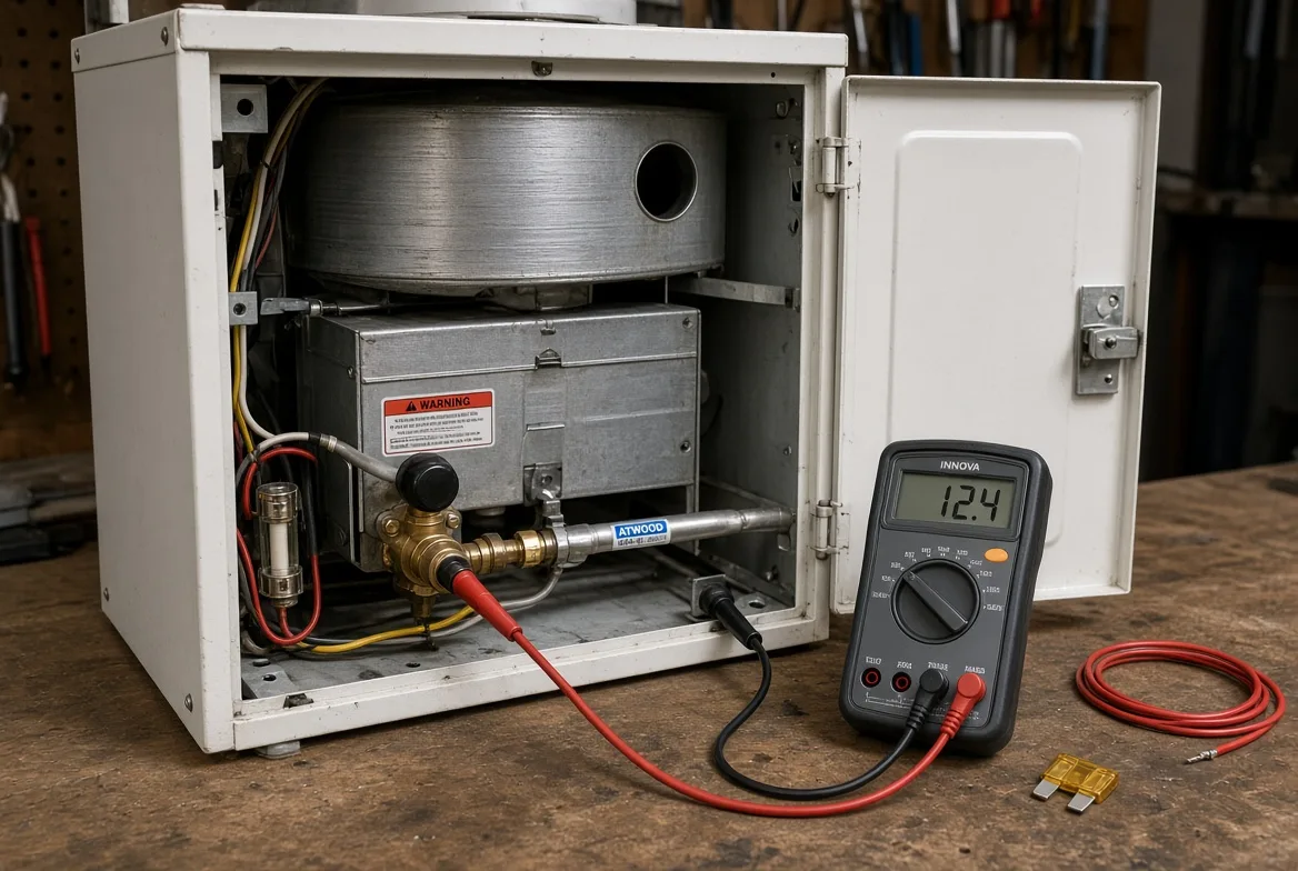 A multimeter reading 12.4V across the gas-valve connection of an open Atwood RV water heater, with 12V fuses beside it
