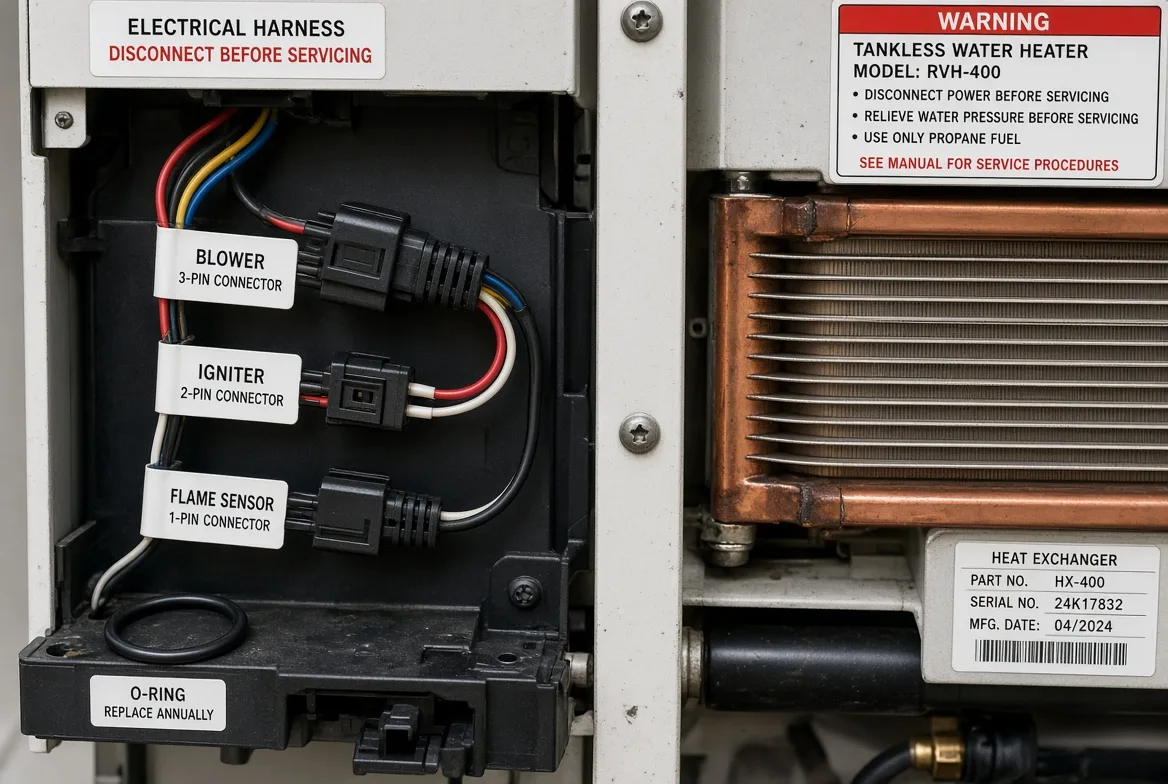 Labeled blower, igniter and flame-sensor connectors inside an open tankless RV water heater beside its copper heat exchanger