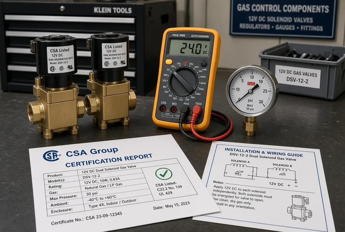 Two CSA-listed 12V DC dual solenoid gas valves beside a multimeter showing 24.0V, a pressure gauge and a CSA certification report