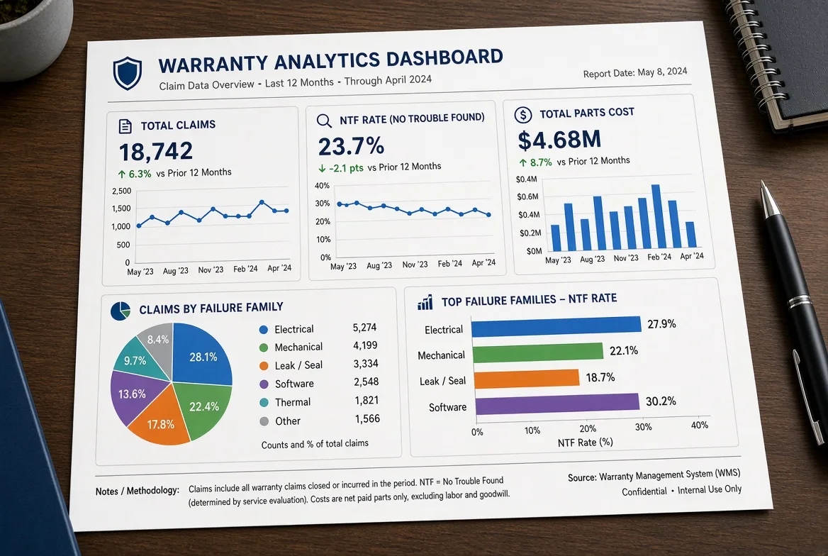 A warranty analytics dashboard showing total claims, NTF rate, total parts cost and top failure families