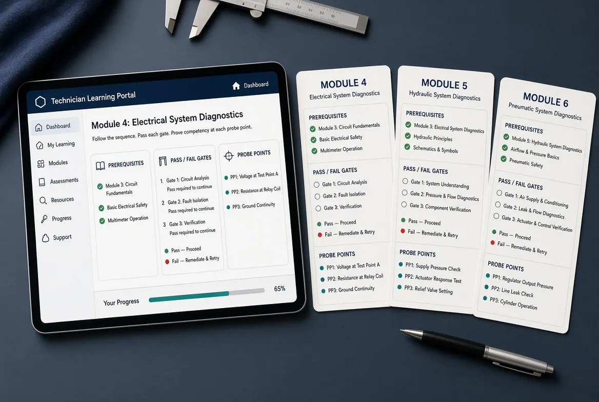 A technician learning portal tablet showing prerequisites, pass-fail gates and named probe points for an electrical diagnostics module