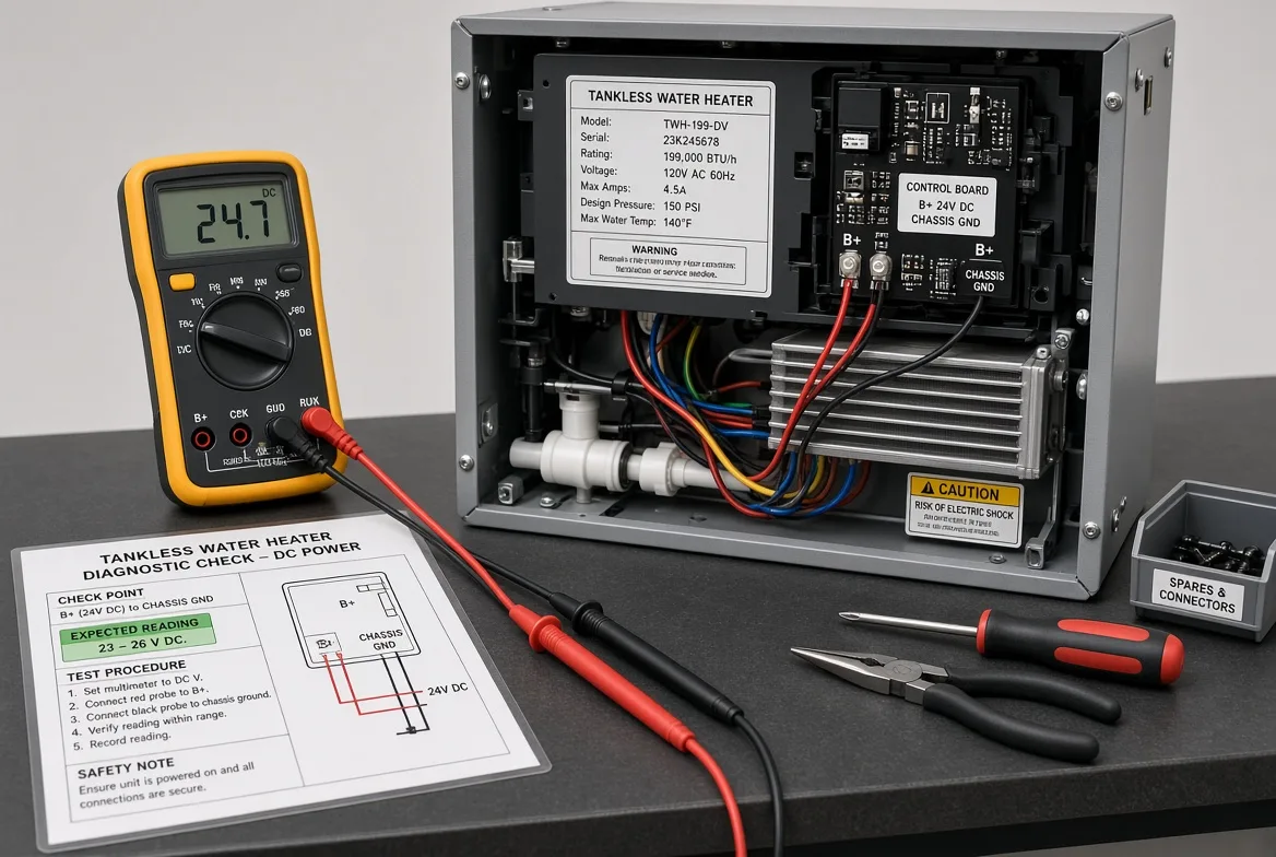 A multimeter set to DC volts probing board terminal B+ to chassis ground on a tankless RV water heater, beside a diagnostic check sheet