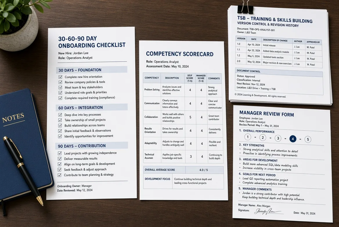 A 30-60-90 day onboarding checklist, a competency scorecard and a training version-control sheet on a desk