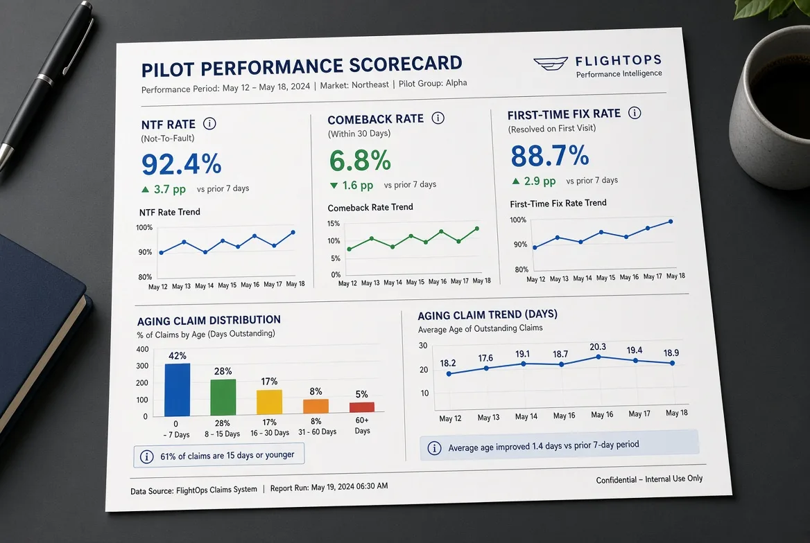 A pilot performance scorecard showing NTF rate, comeback rate and first-time fix rate trends for a single service location