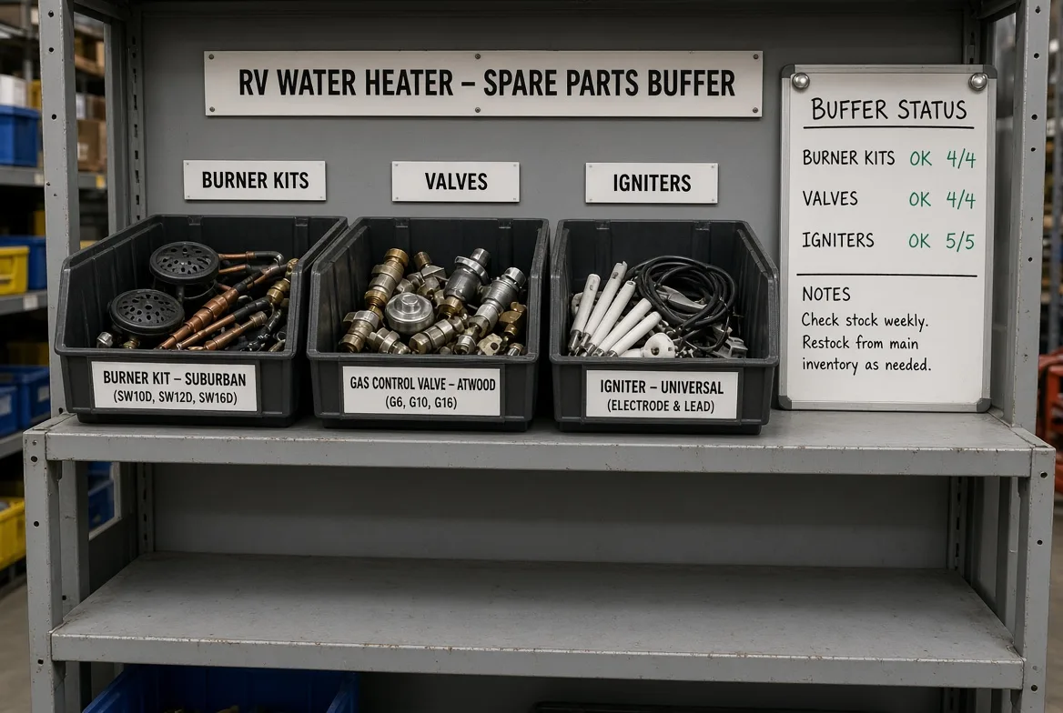 Shelving labelled RV water heater spare parts buffer, with bins of burner kits, gas control valves and igniters beside a buffer status board