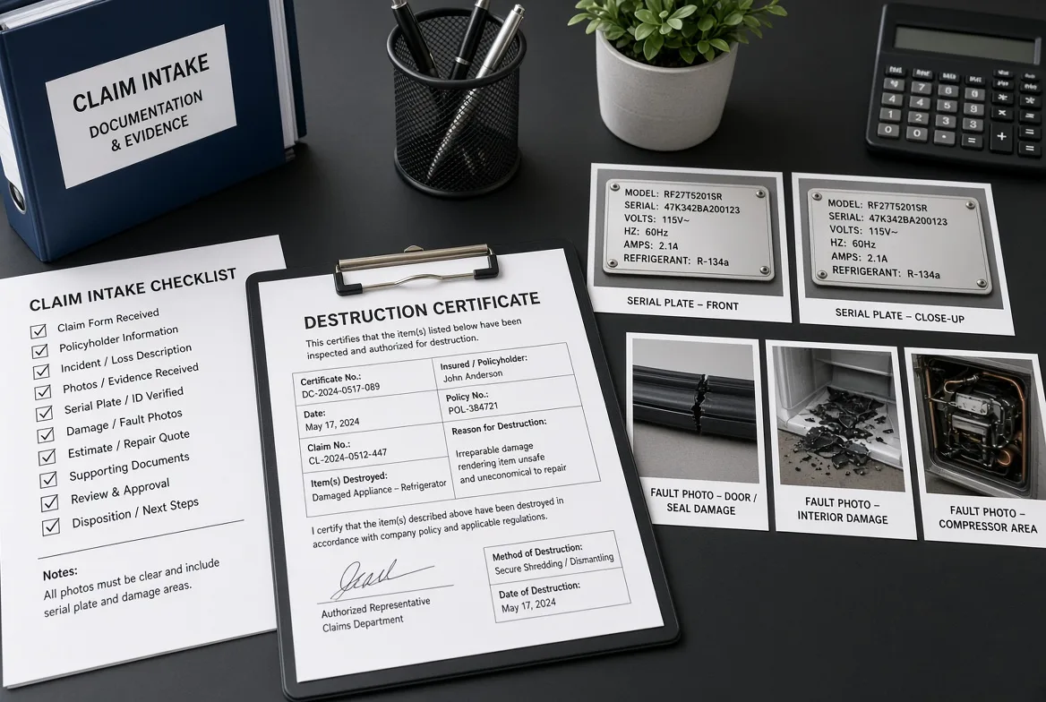 A claim intake checklist beside a signed destruction certificate, serial plate close-ups and fault photos of a damaged appliance door, interior and compressor area