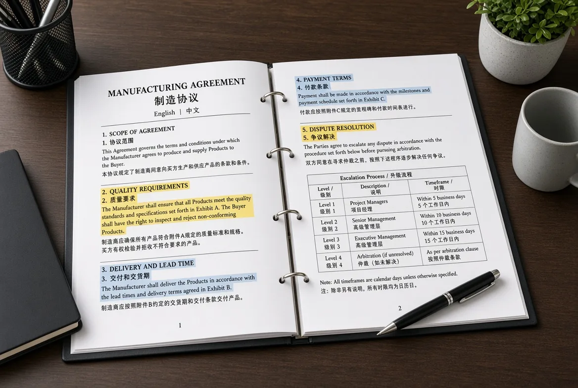 An open bilingual English and Chinese manufacturing agreement showing quality requirements, payment terms and a four-level escalation process table
