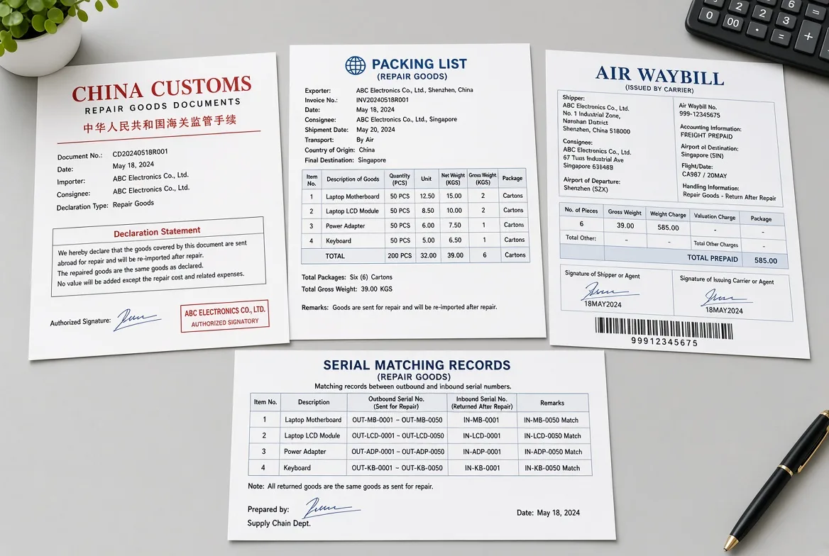China Customs repair goods documents, a repair-goods packing list and air waybill, and a serial matching record linking outbound and inbound serial numbers