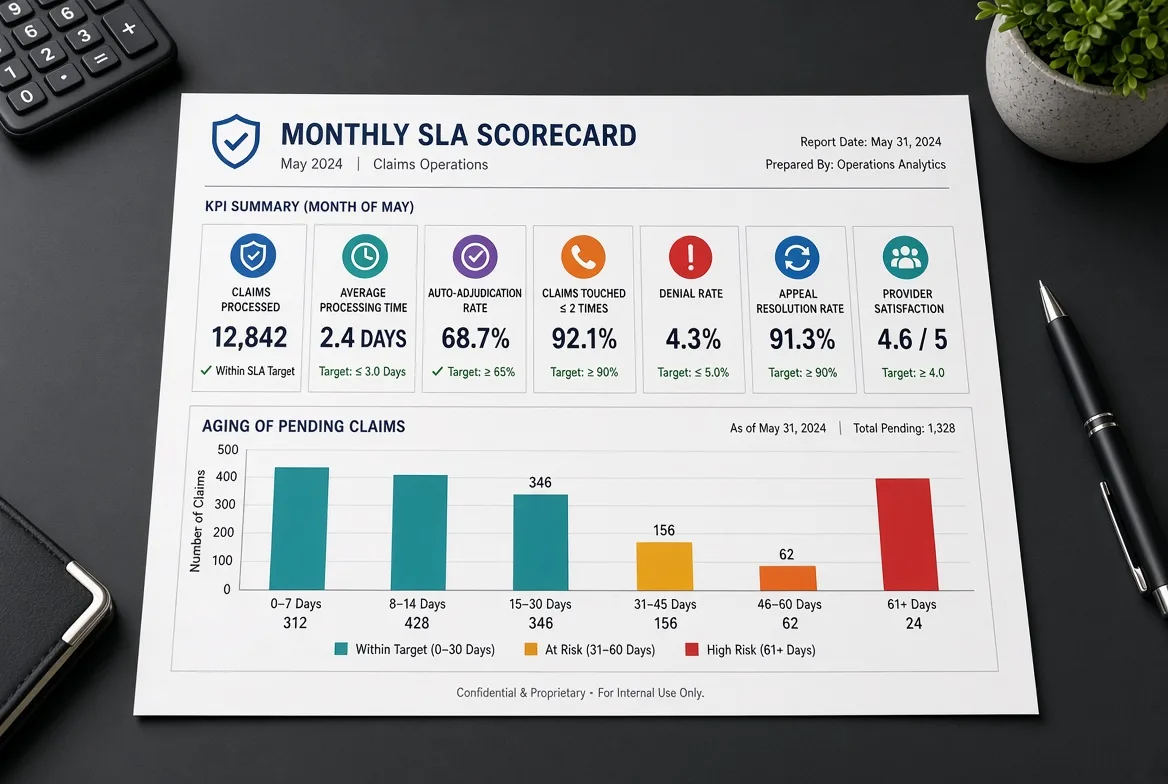 A monthly SLA scorecard with seven KPI tiles and a bar chart of pending warranty claims aging in seven-day bands