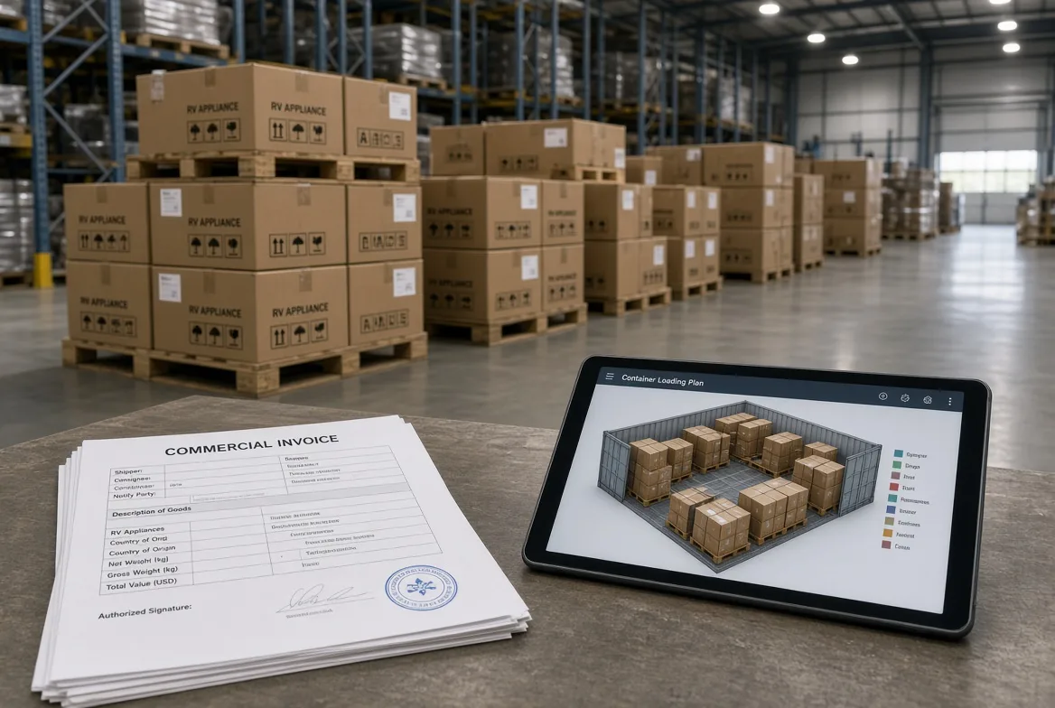 Palletized RV appliance cartons in a distribution warehouse beside a commercial invoice and a container loading plan on a tablet