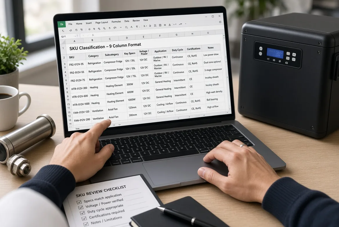 A buyer completing a nine-column SKU classification matrix on a laptop, cross-checking voltage, duty cycle and certifications for RV appliances