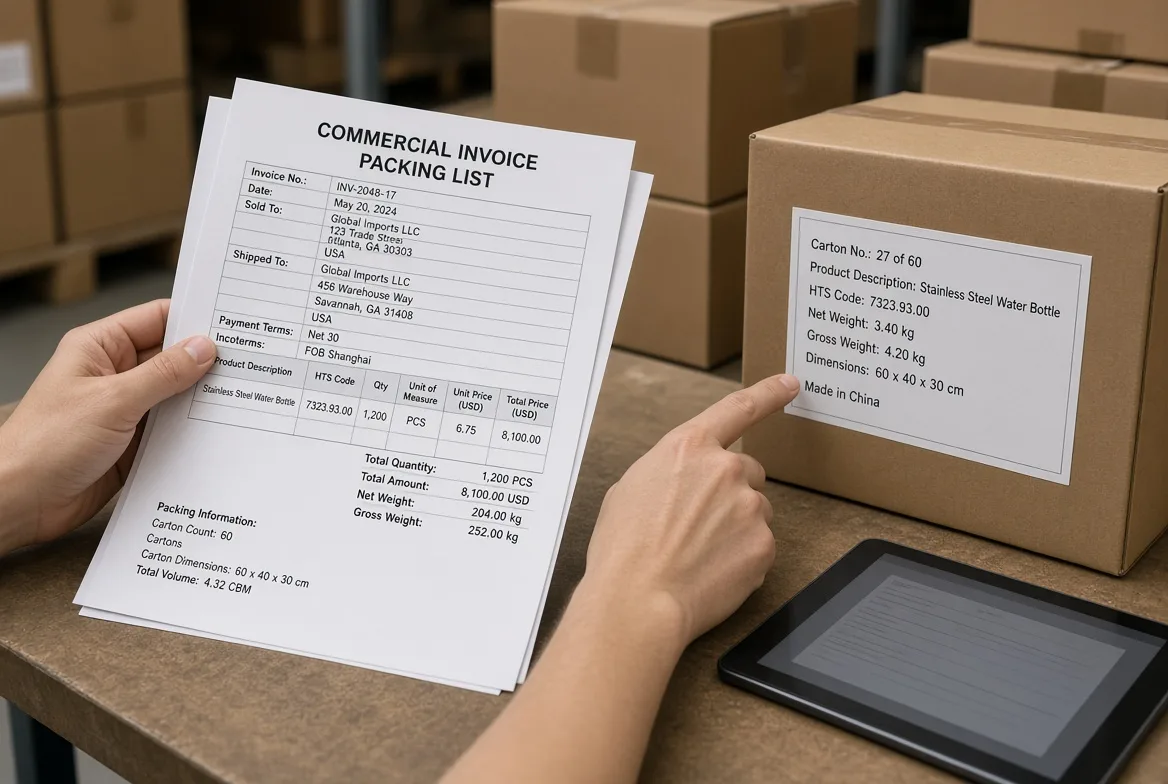 A broker-revised commercial invoice and packing list checked against a printed carton label for an RV appliance shipment