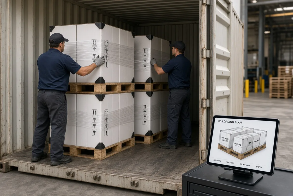 Two warehouse workers loading stretch-wrapped RV appliance pallets into a shipping container, with a 3D container loading plan on a tablet