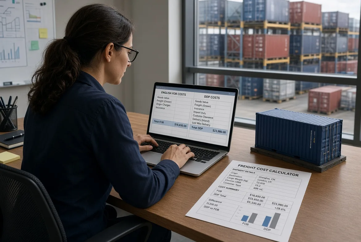 A supply chain analyst comparing FOB and DDP landed-cost totals on a laptop and freight cost calculator beside a container port