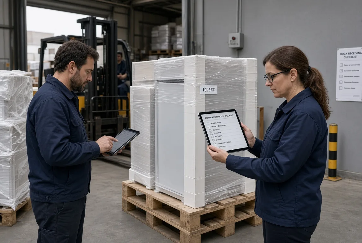 Warehouse staff running an incoming inspection checklist against a serialized RV appliance pallet at dock receiving with a forklift behind