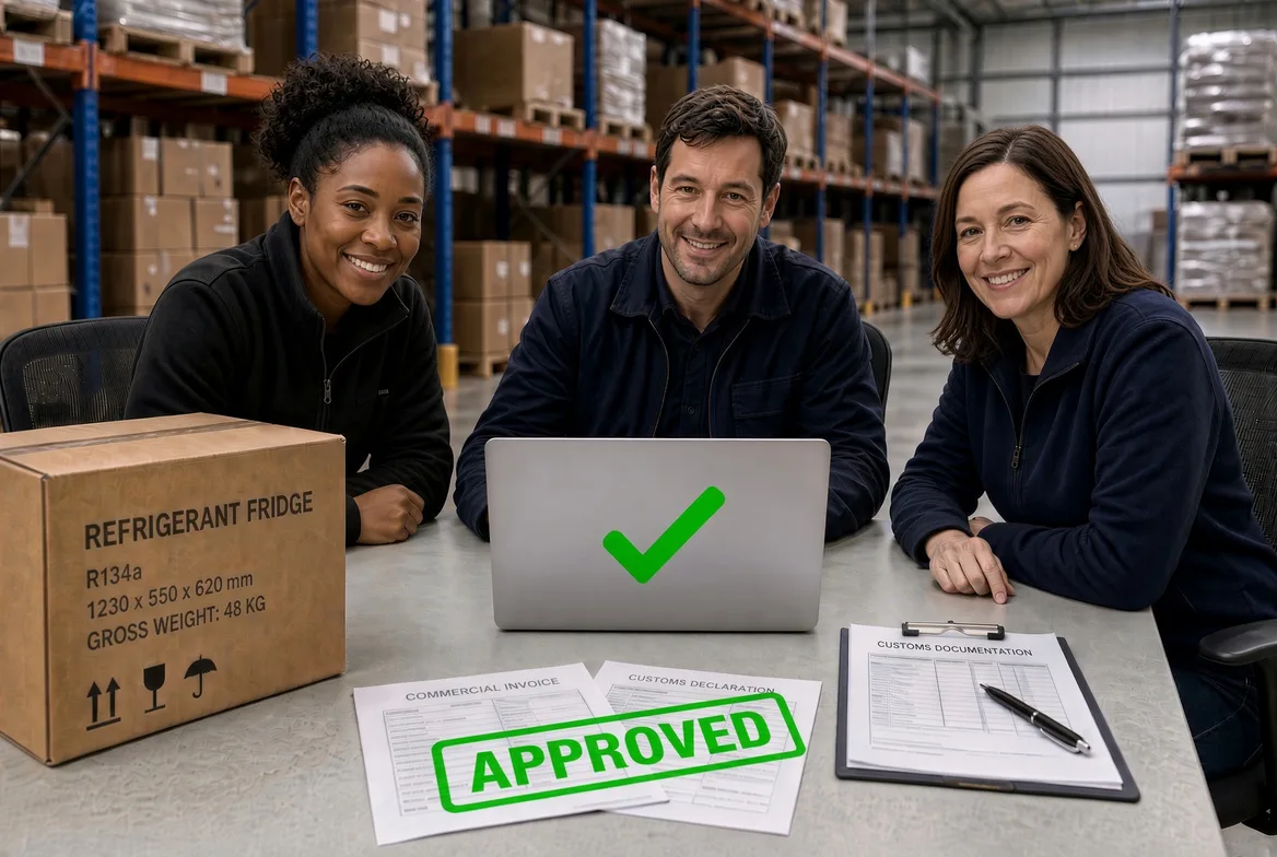 A warehouse team confirming approved customs documentation for a refrigerant-charged RV fridge carton marked R134a