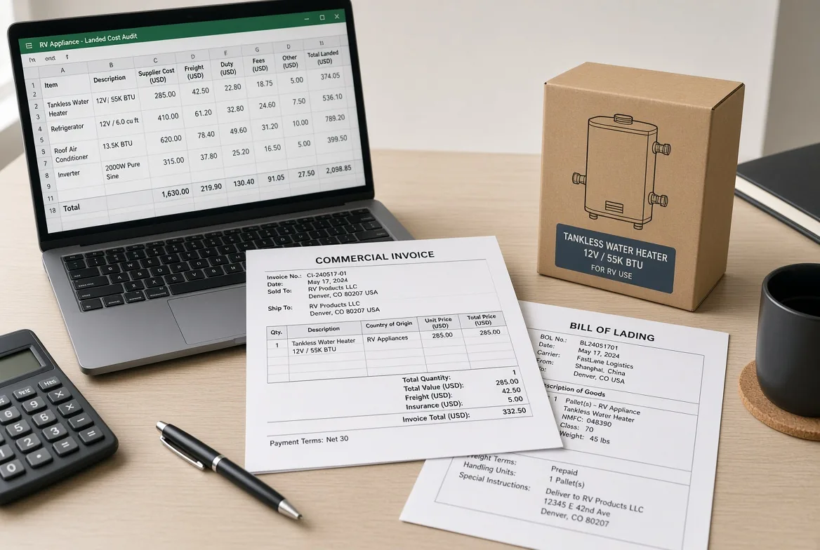 A landed cost audit workspace: a laptop showing an RV appliance cost model beside a tankless water heater carton, a commercial invoice and a bill of lading