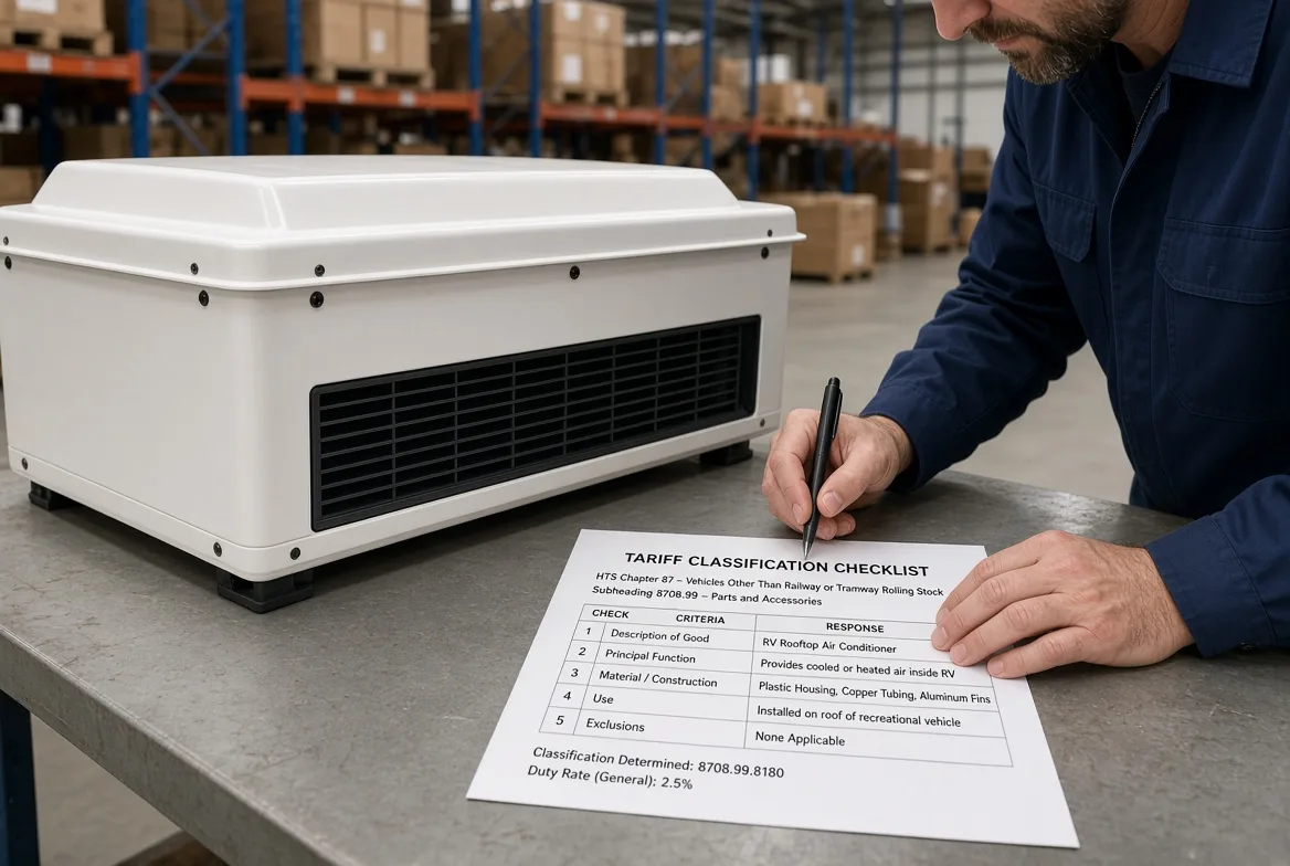 A worker completing a tariff classification checklist beside a white RV rooftop air conditioner in a warehouse