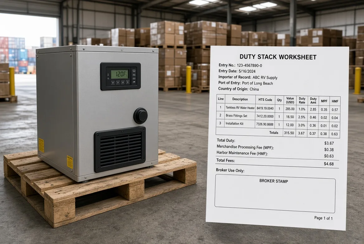 A tankless RV water heater on a wooden pallet beside a duty stack worksheet showing HTS codes, MPF and HMF lines